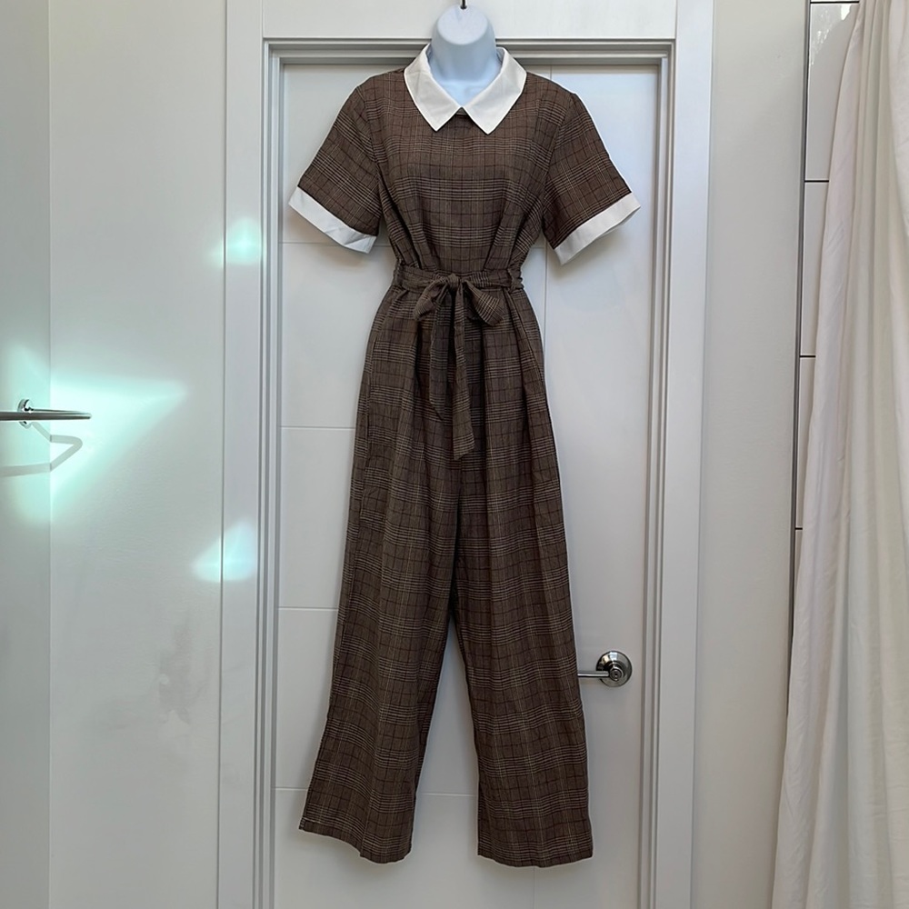 Wide leg, belted plaid Jumpsuit.